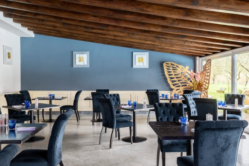 Sala ristorante elegante con sedute blu, travi in legno e vista sul giardino per esperienza gourmet in Liguria - Sarzana Park Hotel, BZAR hotels in Liguria